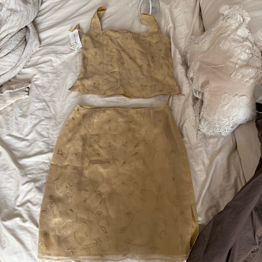 Jennifer West 100% Silk Gold Embroidered Skirt and Square Neck Top - Set